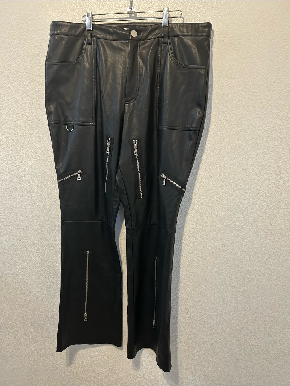 Fashion Nova Black Cargo Leather Pants with Silver Zippers Flare